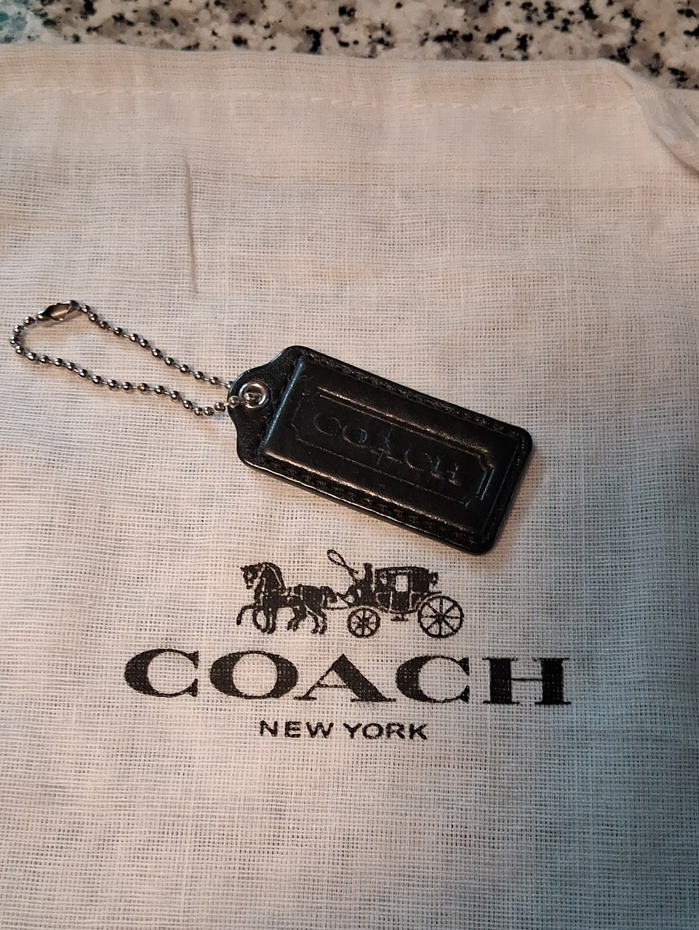 Coach 2" Inch Black Leather Logo Tag Keychain with Silver Ball Chain
